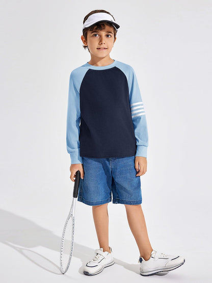 Boys Color Block Long Sleeve Crewneck Shirt in Soft Stretch Fabric