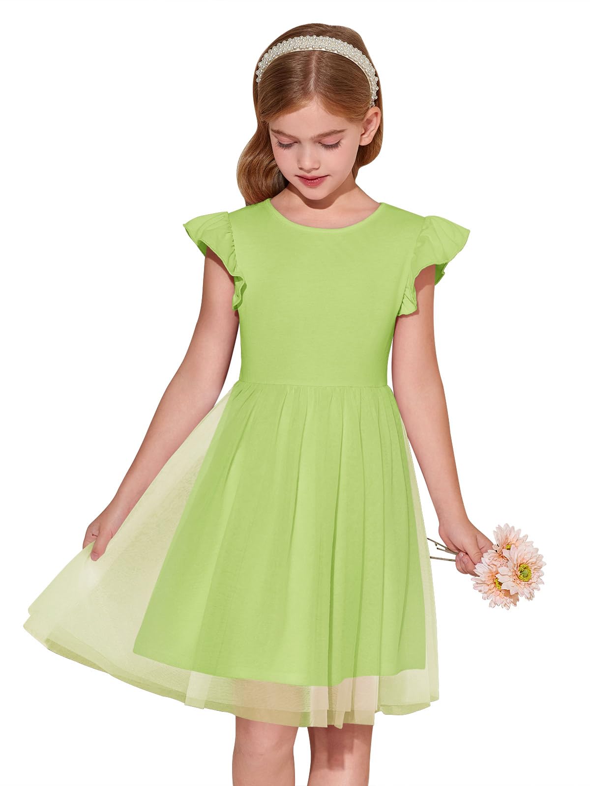 Haloumoning Girls Tutu Dress Ruffle Short Sleeve Fluffy Summer Party Tulle Dress for Kids 5-14Y