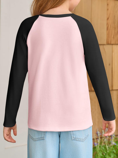 Haloumoning Kids Girls T Shirts Casual Raglan Long Sleeve Tee Crewneck Color Block Cute Fall Blouses Tops 5-14 Years