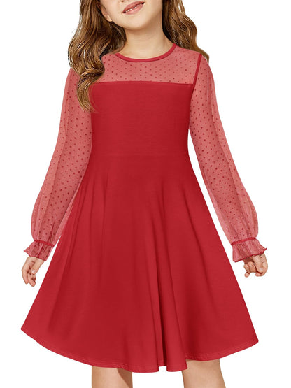 Haloumoning Girls Contrast Mesh Long Sleeve High Waist A Line Short Dress with Pockets 4-14 Years