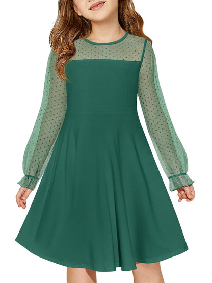 Haloumoning Girls Contrast Mesh Long Sleeve High Waist A Line Short Dress with Pockets 4-14 Years