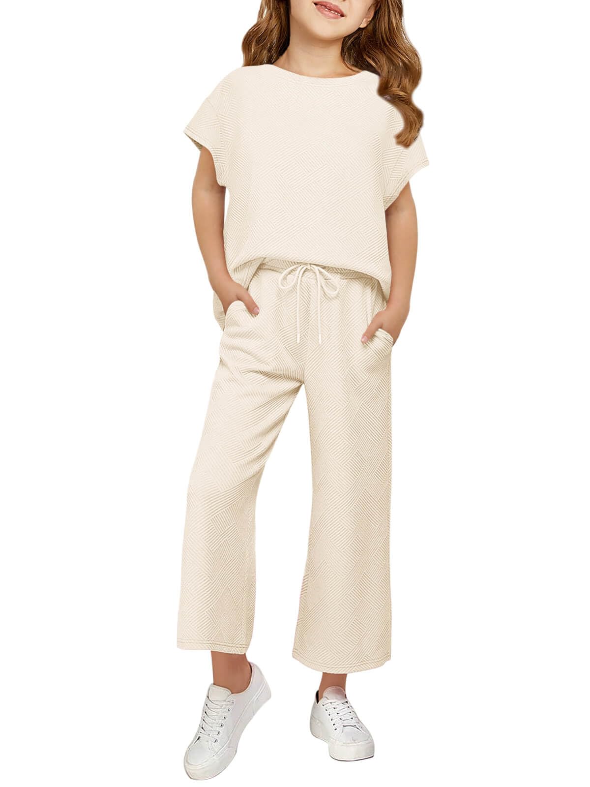 Haloumoning Girls' Clothing Sets Kids Fashion Short Sleeve Crew Neck Tops Wide Leg Pants Sweatsuit with Pocket 5-14Y