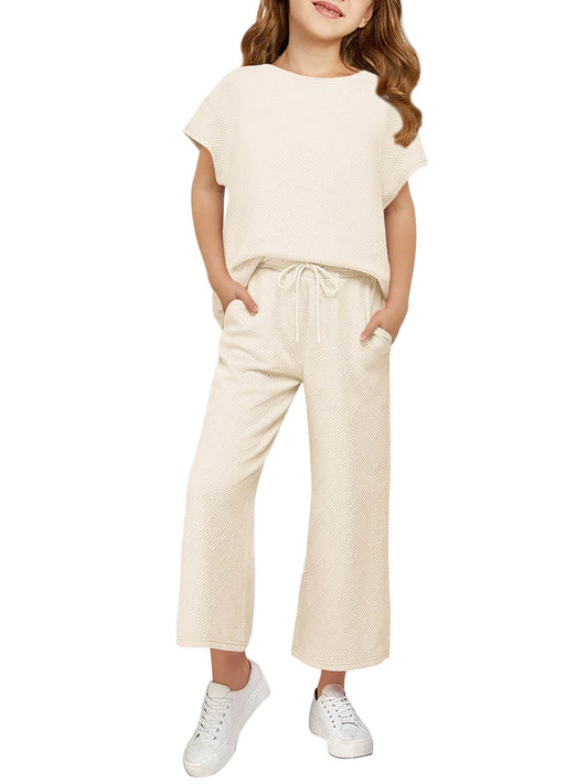 Haloumoning Girls' Clothing Sets Kids Fashion Short Sleeve Crew Neck Tops Wide Leg Pants Sweatsuit with Pocket 5-14Y
