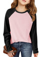 Haloumoning Kids Girls T Shirts Casual Raglan Long Sleeve Tee Crewneck Color Block Cute Fall Blouses Tops 5-14 Years