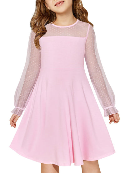 Haloumoning Girls Contrast Mesh Long Sleeve High Waist A Line Short Dress with Pockets 4-14 Years