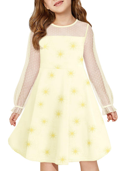 Haloumoning Girls Contrast Mesh Long Sleeve High Waist A Line Short Dress with Pockets 4-14 Years