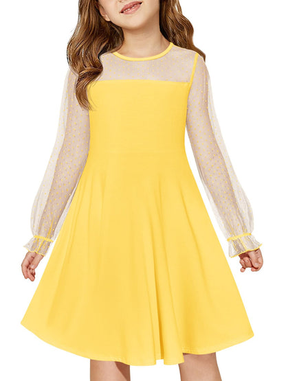 Haloumoning Girls Contrast Mesh Long Sleeve High Waist A Line Short Dress with Pockets 4-14 Years