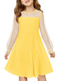 Haloumoning Girls Contrast Mesh Long Sleeve High Waist A Line Short Dress with Pockets 4-14 Years