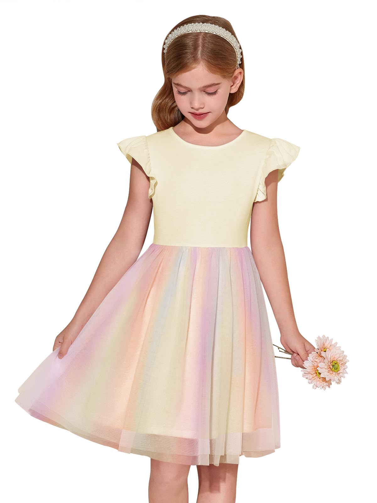Haloumoning Girls Tutu Dress Ruffle Short Sleeve Fluffy Summer Party Tulle Dress for Kids 5-14Y