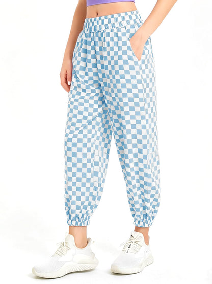 Haloumoning Girls Plaid Pants Kids Elastic Waist Jogger Pants Lightweight Bottoms with Pockets 5-14 Years