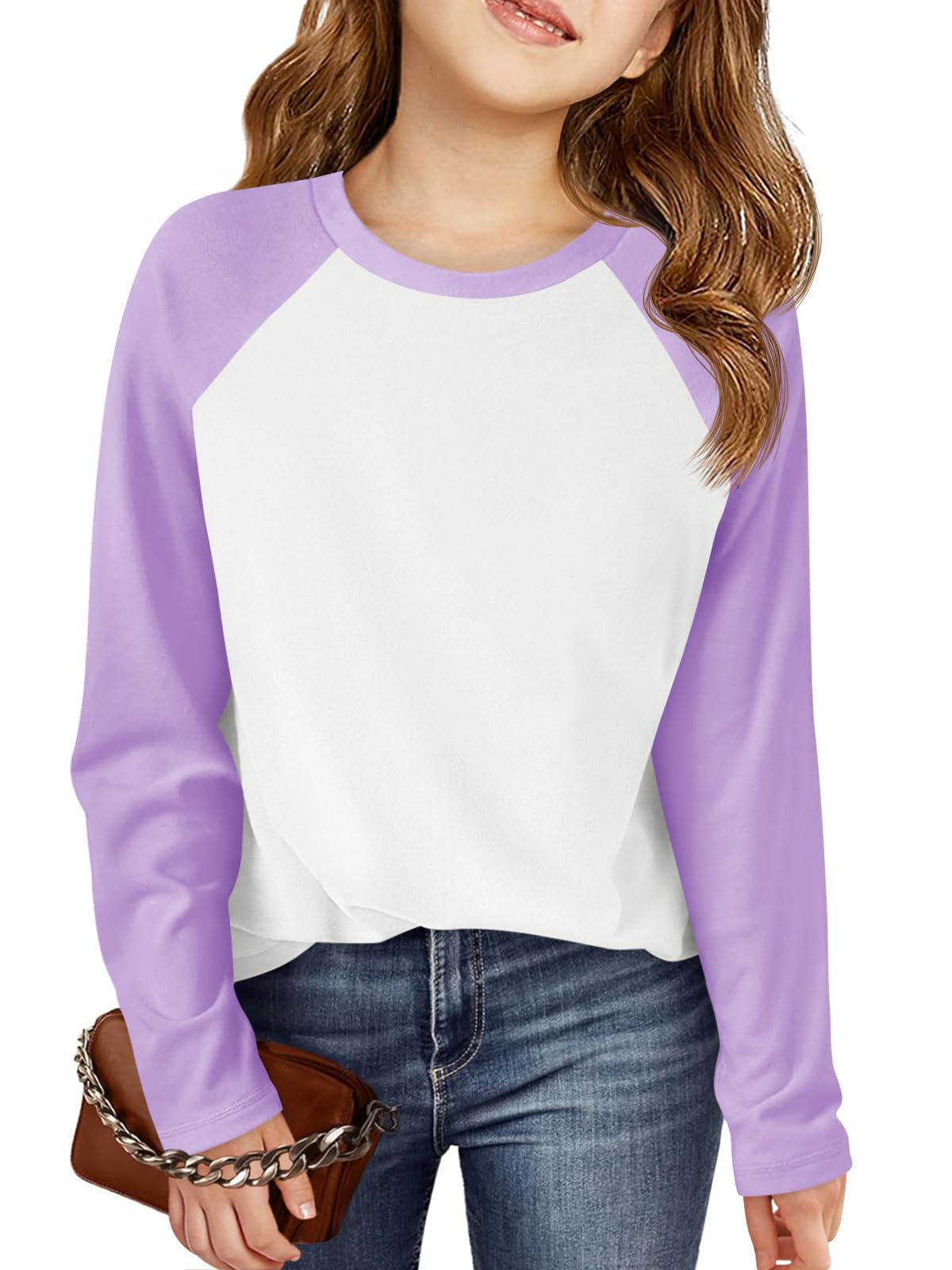 Haloumoning Kids Girls T Shirts Casual Raglan Long Sleeve Tee Crewneck Color Block Cute Fall Blouses Tops 5-14 Years