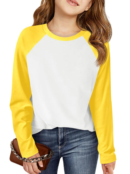 Haloumoning Kids Girls T Shirts Casual Raglan Long Sleeve Tee Crewneck Color Block Cute Fall Blouses Tops 5-14 Years