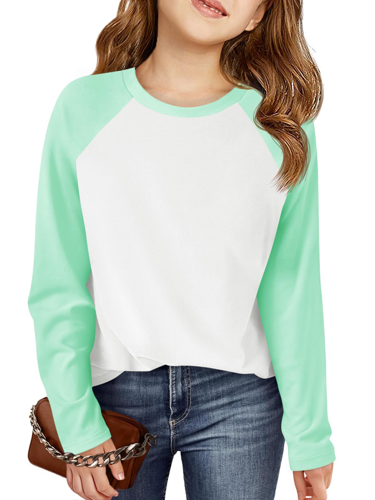 Haloumoning Kids Girls T Shirts Casual Raglan Long Sleeve Tee Crewneck Color Block Cute Fall Blouses Tops 5-14 Years