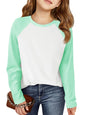 Haloumoning Kids Girls T Shirts Casual Raglan Long Sleeve Tee Crewneck Color Block Cute Fall Blouses Tops 5-14 Years