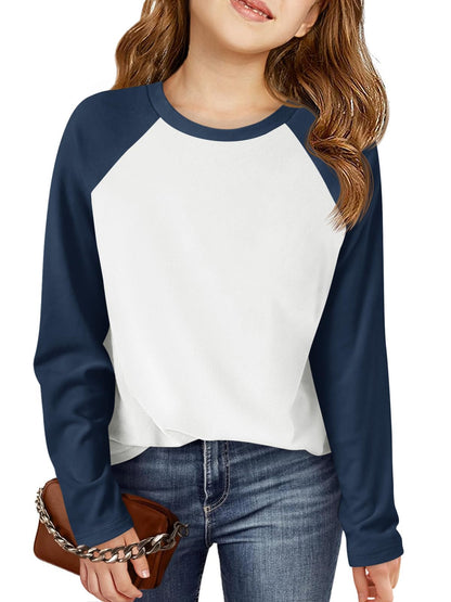 Haloumoning Kids Girls T Shirts Casual Raglan Long Sleeve Tee Crewneck Color Block Cute Fall Blouses Tops 5-14 Years