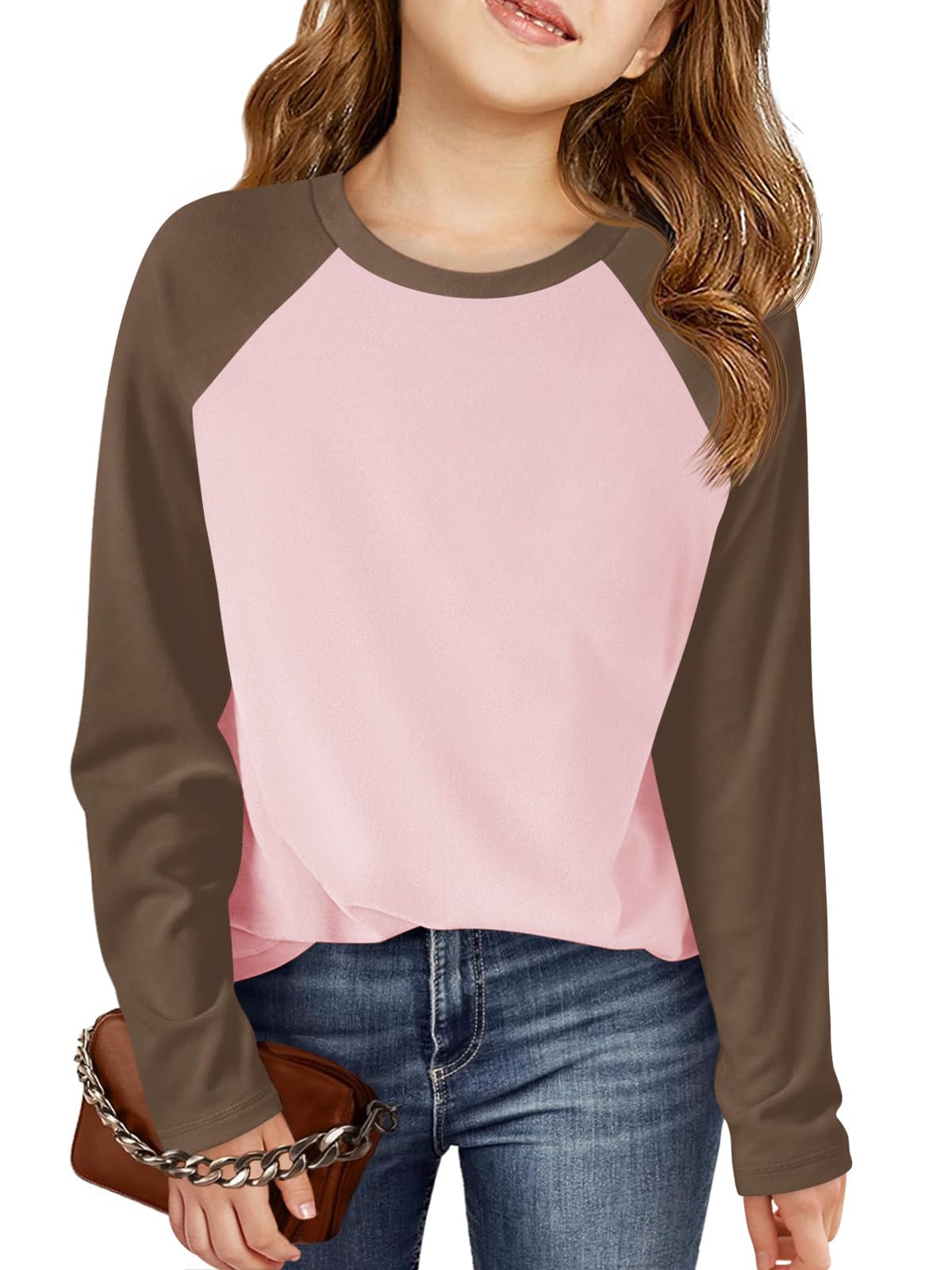 Haloumoning Kids Girls T Shirts Casual Raglan Long Sleeve Tee Crewneck Color Block Cute Fall Blouses Tops 5-14 Years