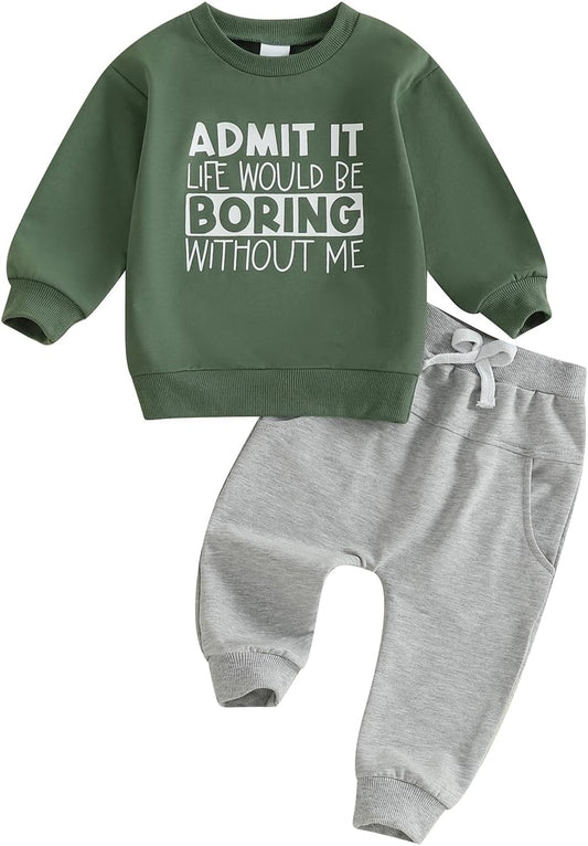 wdehow Toddler Baby Boy 2Pcs Outfits Letters Print Pullover Tops + Drawstring Pants Set Fall Winter Clothes