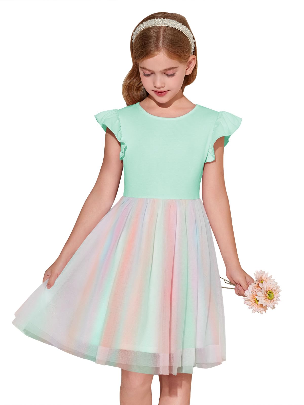 Haloumoning Girls Tutu Dress Ruffle Short Sleeve Fluffy Summer Party Tulle Dress for Kids 5-14Y