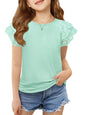Haloumoning Girls Ruffle Sleeve T Shirts Summer Short Sleeve Casual Cute Crewneck Tops Tees 5-14 Years