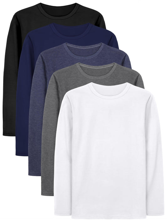 Boys Solid Color Long Sleeve Crewneck T Shirt 5 Pack Set