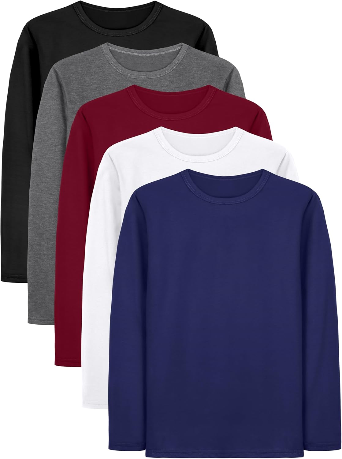 Boys Solid Color Long Sleeve Crewneck T Shirt 5 Pack Set