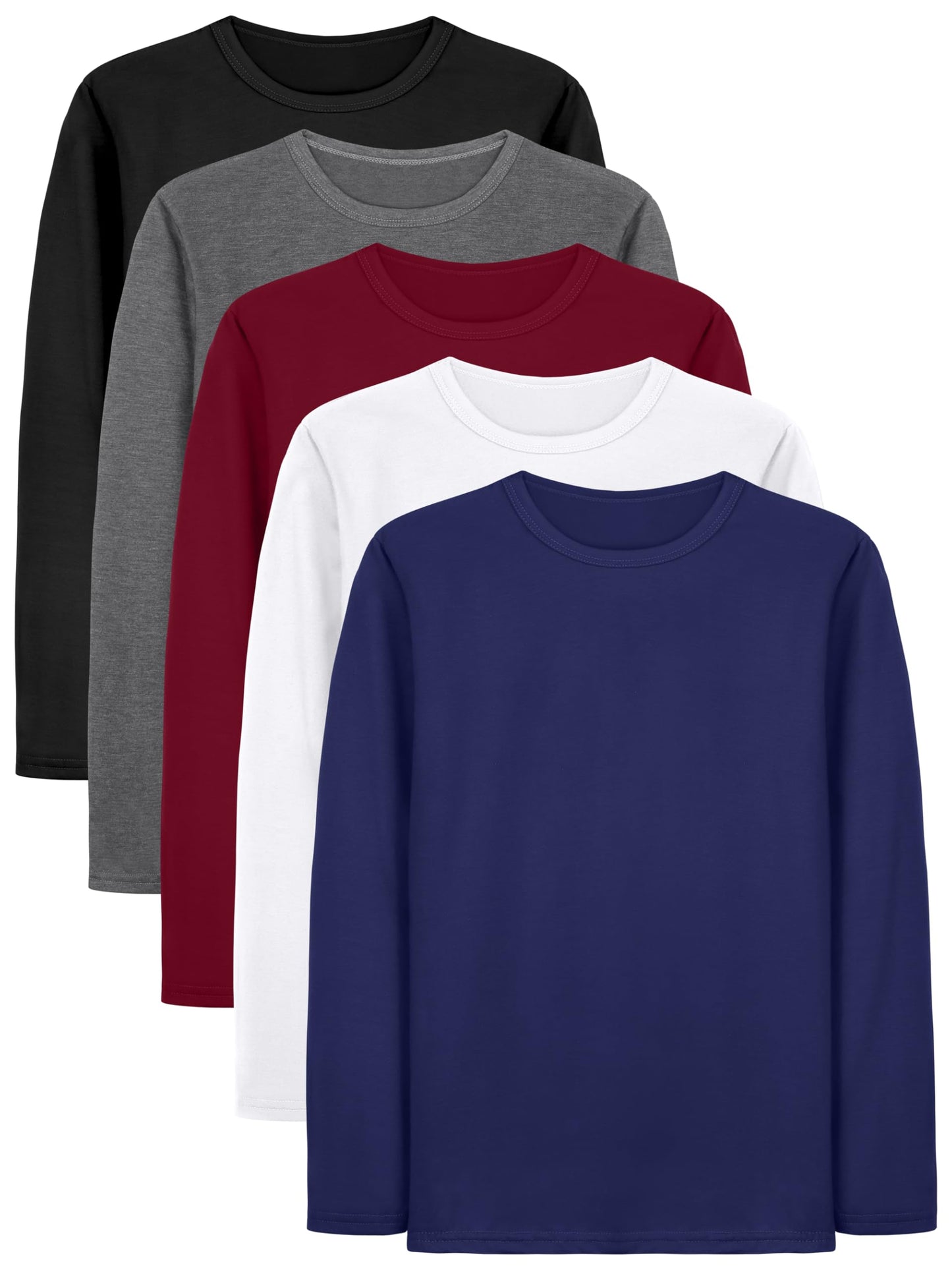 Boys Solid Color Long Sleeve Crewneck T Shirt 5 Pack Set