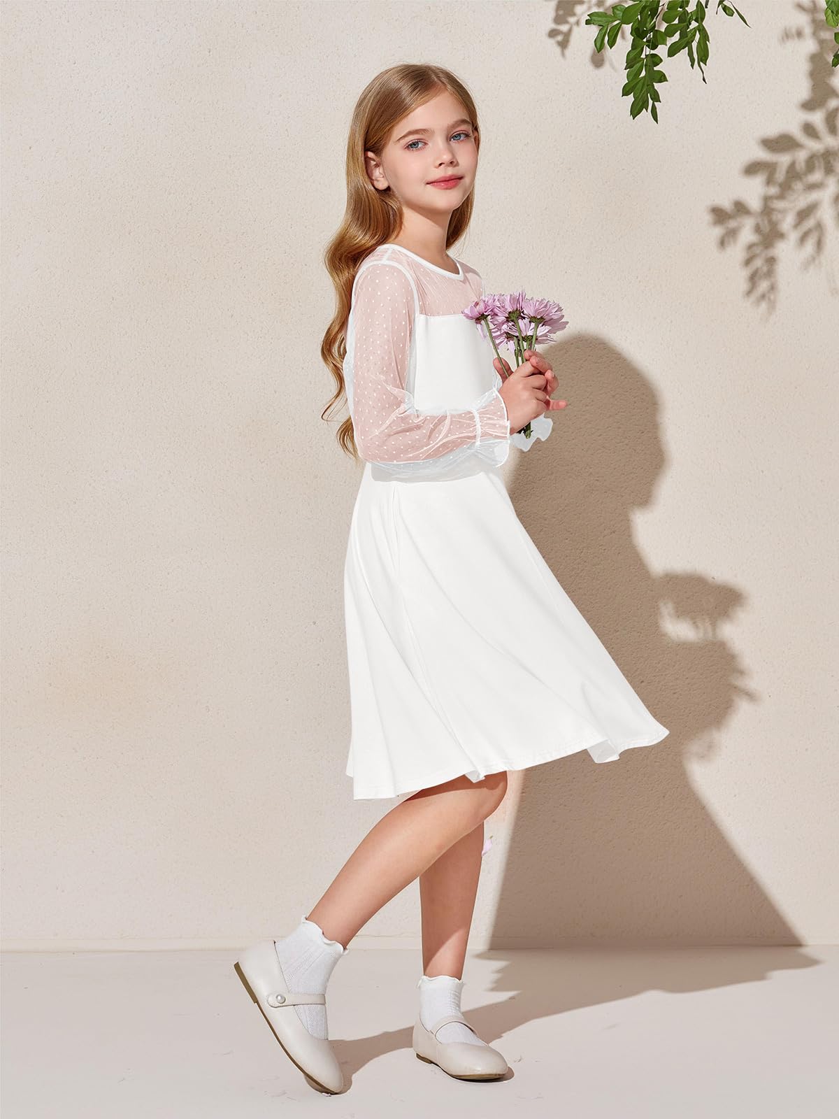 Haloumoning Girls Contrast Mesh Long Sleeve High Waist A Line Short Dress with Pockets 4-14 Years