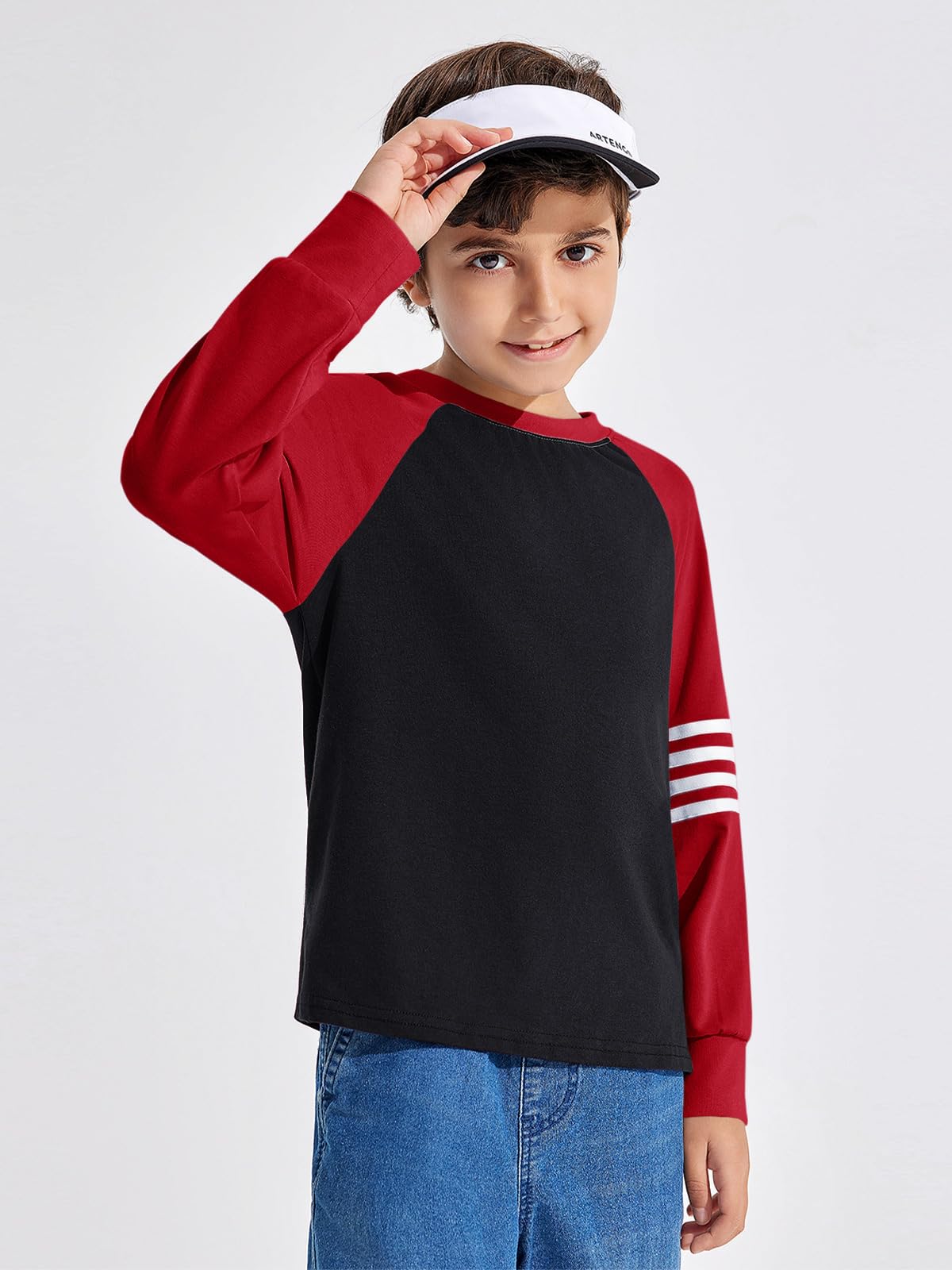 Boys Color Block Long Sleeve Crewneck Shirt in Soft Stretch Fabric