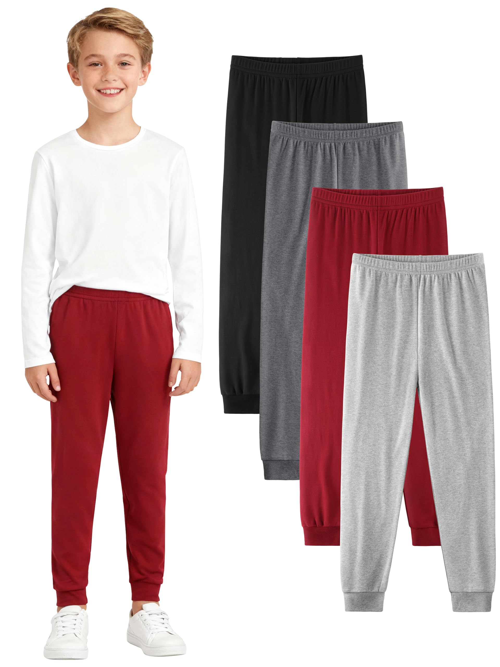4 Pack Boys Cotton Pants - Boys Long Underwear Thermal Pants Bottom Joggers for Sports Everyday Activities