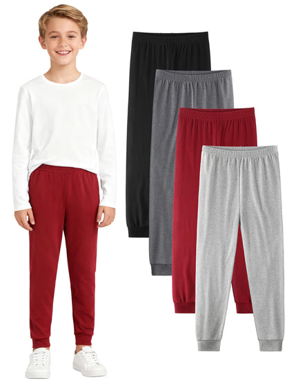 4 Pack Boys Cotton Pants - Boys Long Underwear Thermal Pants Bottom Joggers for Sports Everyday Activities