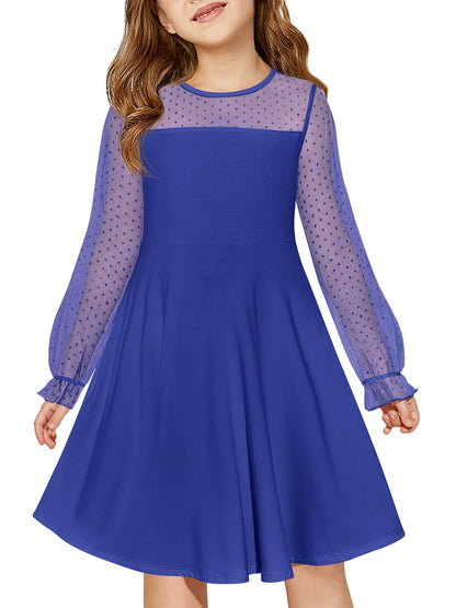 Haloumoning Girls Contrast Mesh Long Sleeve High Waist A Line Short Dress with Pockets 4-14 Years