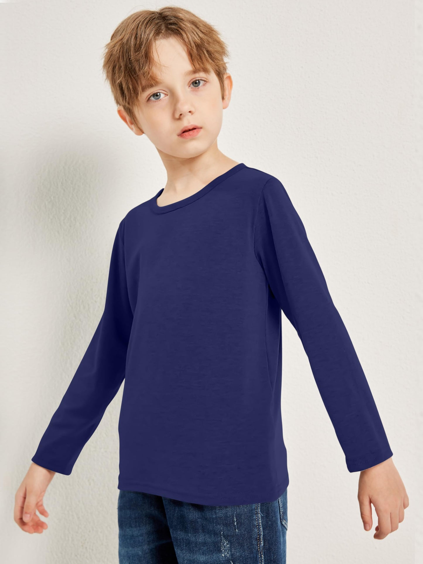 Boys Solid Color Long Sleeve Crewneck T Shirt 5 Pack Set