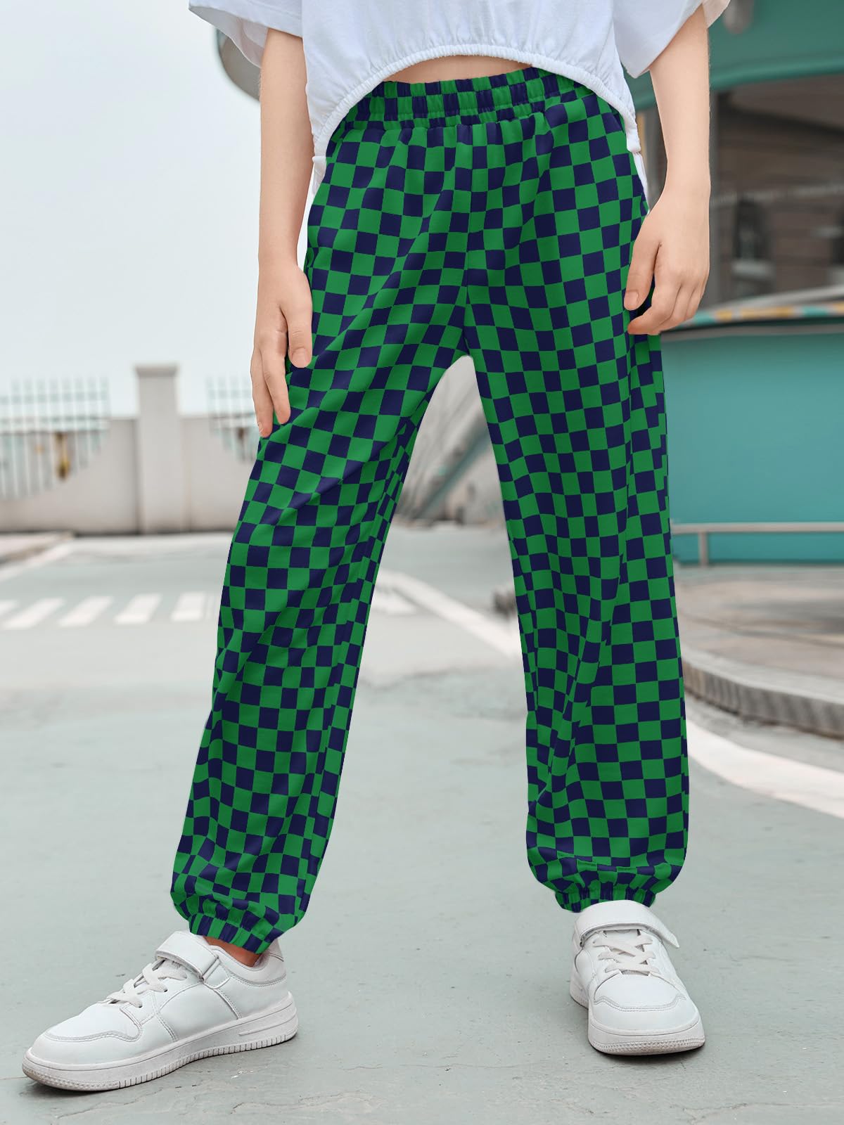 Haloumoning Girls Plaid Pants Kids Elastic Waist Jogger Pants Lightweight Bottoms with Pockets 5-14 Years