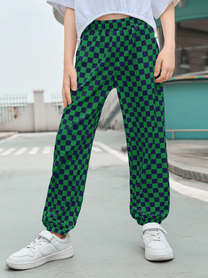 Haloumoning Girls Plaid Pants Kids Elastic Waist Jogger Pants Lightweight Bottoms with Pockets 5-14 Years