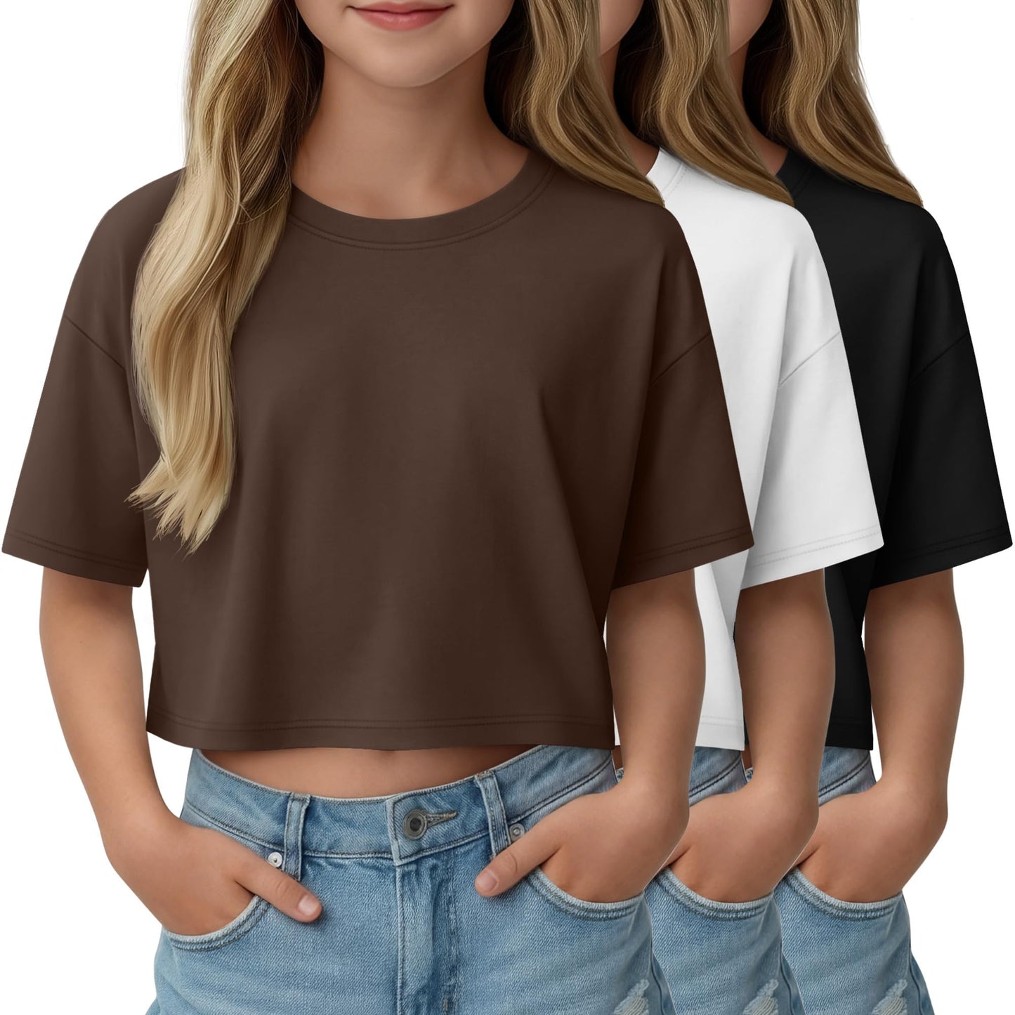 LessonZoo 3 Pack Girls Short Sleeve Crop Tops Kids Oversized Crew Neck Cropped Athletic T Shirts Basic Tees Size 5-14 Years