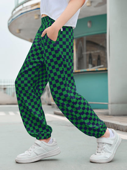 Haloumoning Girls Plaid Pants Kids Elastic Waist Jogger Pants Lightweight Bottoms with Pockets 5-14 Years
