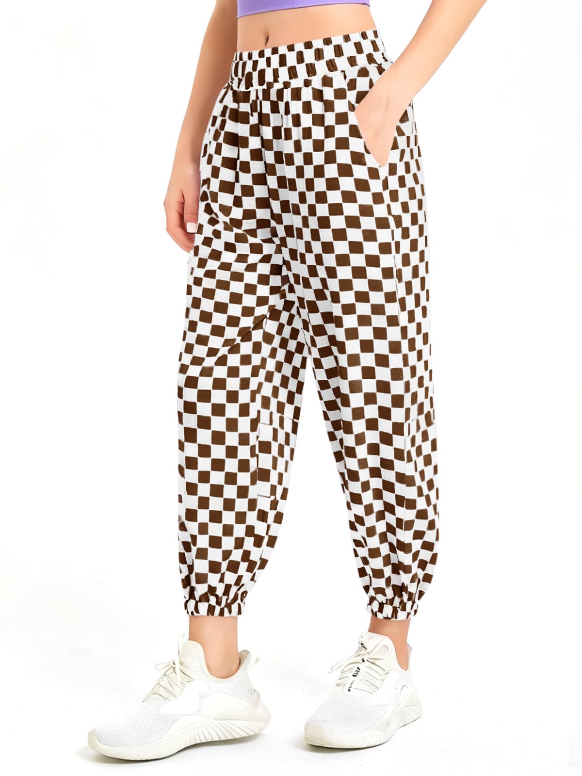 Haloumoning Girls Plaid Pants Kids Elastic Waist Jogger Pants Lightweight Bottoms with Pockets 5-14 Years