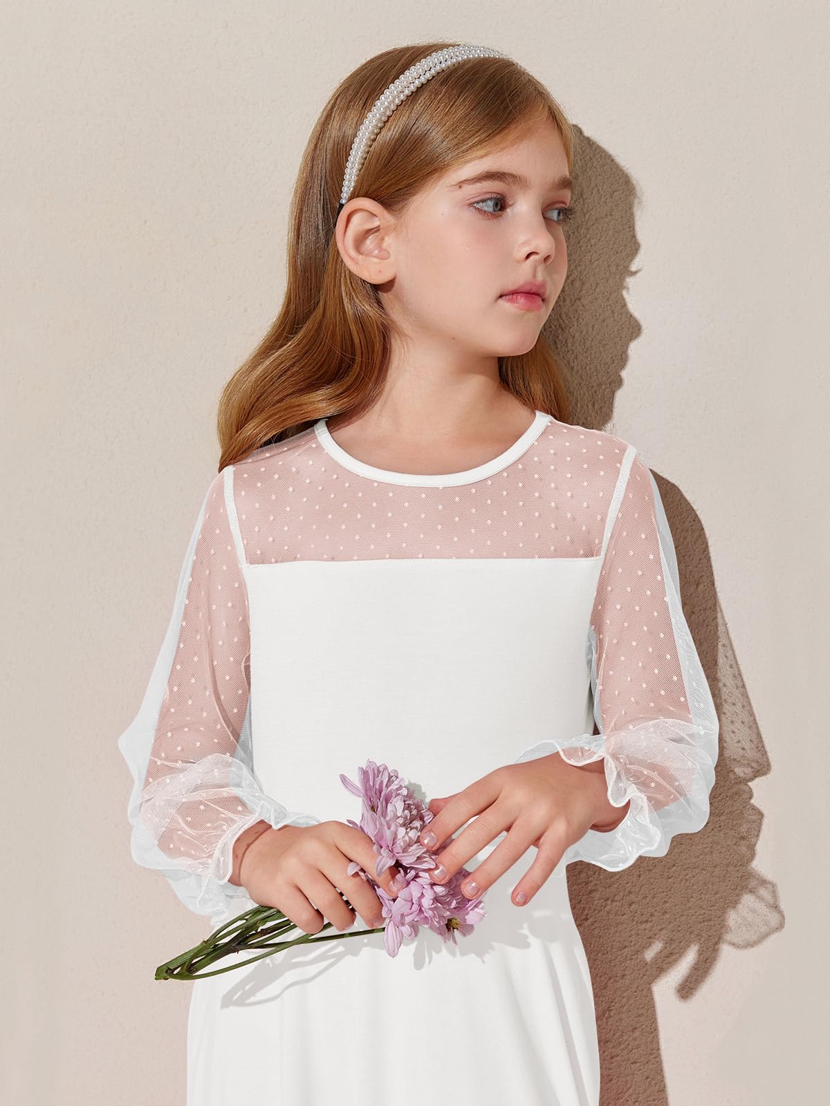 Haloumoning Girls Contrast Mesh Long Sleeve High Waist A Line Short Dress with Pockets 4-14 Years