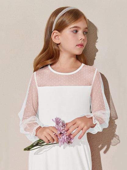 Haloumoning Girls Contrast Mesh Long Sleeve High Waist A Line Short Dress with Pockets 4-14 Years