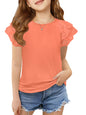 Haloumoning Girls Ruffle Sleeve T Shirts Summer Short Sleeve Casual Cute Crewneck Tops Tees 5-14 Years