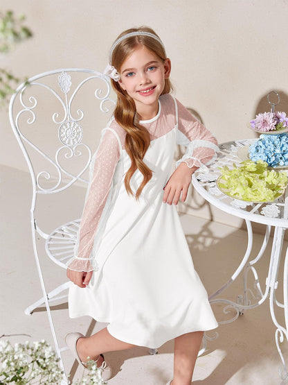 Haloumoning Girls Contrast Mesh Long Sleeve High Waist A Line Short Dress with Pockets 4-14 Years