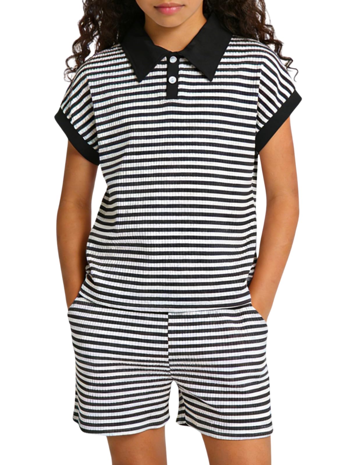 LOVYKIDIDO Size 7-14 Girls 2 Piece Outfits Summer Striped Lapel Short Set Cute Teen Girl Clothing Set