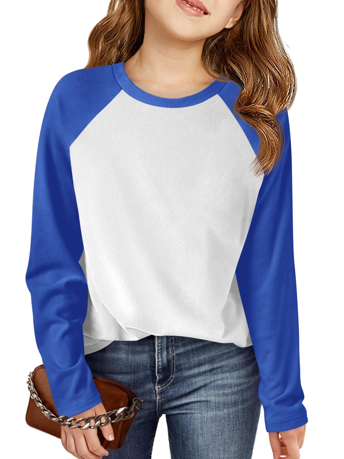 Haloumoning Kids Girls T Shirts Casual Raglan Long Sleeve Tee Crewneck Color Block Cute Fall Blouses Tops 5-14 Years