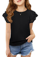 Haloumoning Girls Ruffle Sleeve T Shirts Summer Short Sleeve Casual Cute Crewneck Tops Tees 5-14 Years