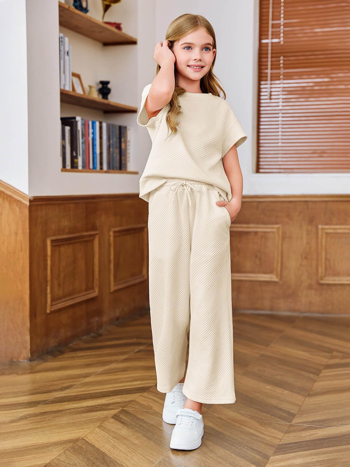 Haloumoning Girls' Clothing Sets Kids Fashion Short Sleeve Crew Neck Tops Wide Leg Pants Sweatsuit with Pocket 5-14Y