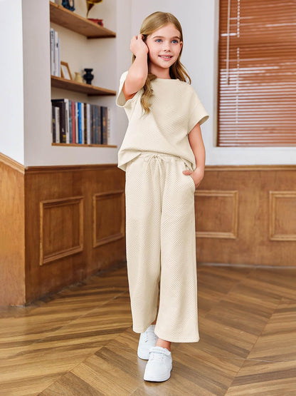 Haloumoning Girls' Clothing Sets Kids Fashion Short Sleeve Crew Neck Tops Wide Leg Pants Sweatsuit with Pocket 5-14Y