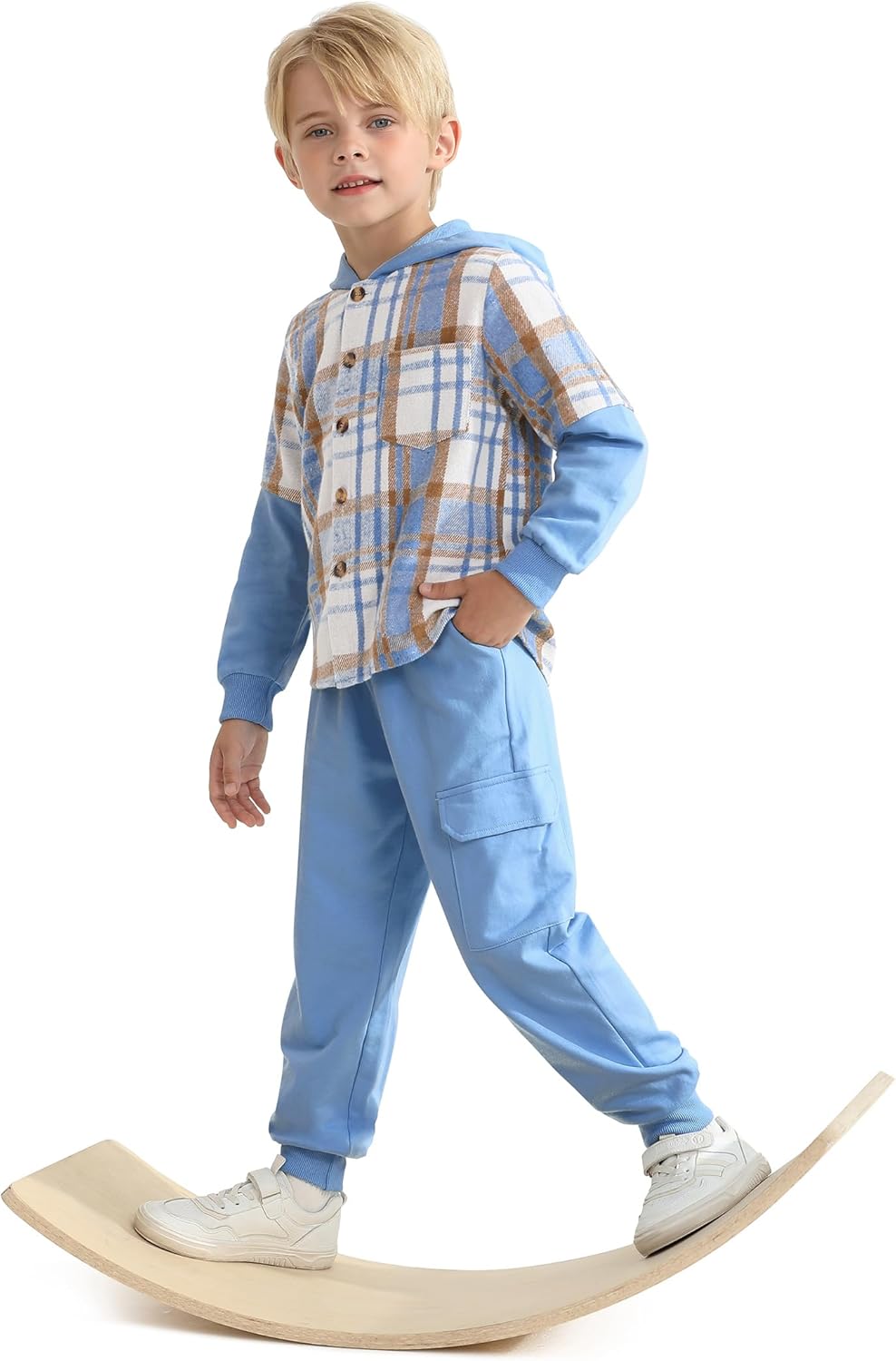 2Pcs Boys Clothes Sweatsuit Set Hoodie Flannel Plaid Shirt and Jogger Pants for Kids Fall Winter Spring Outfits