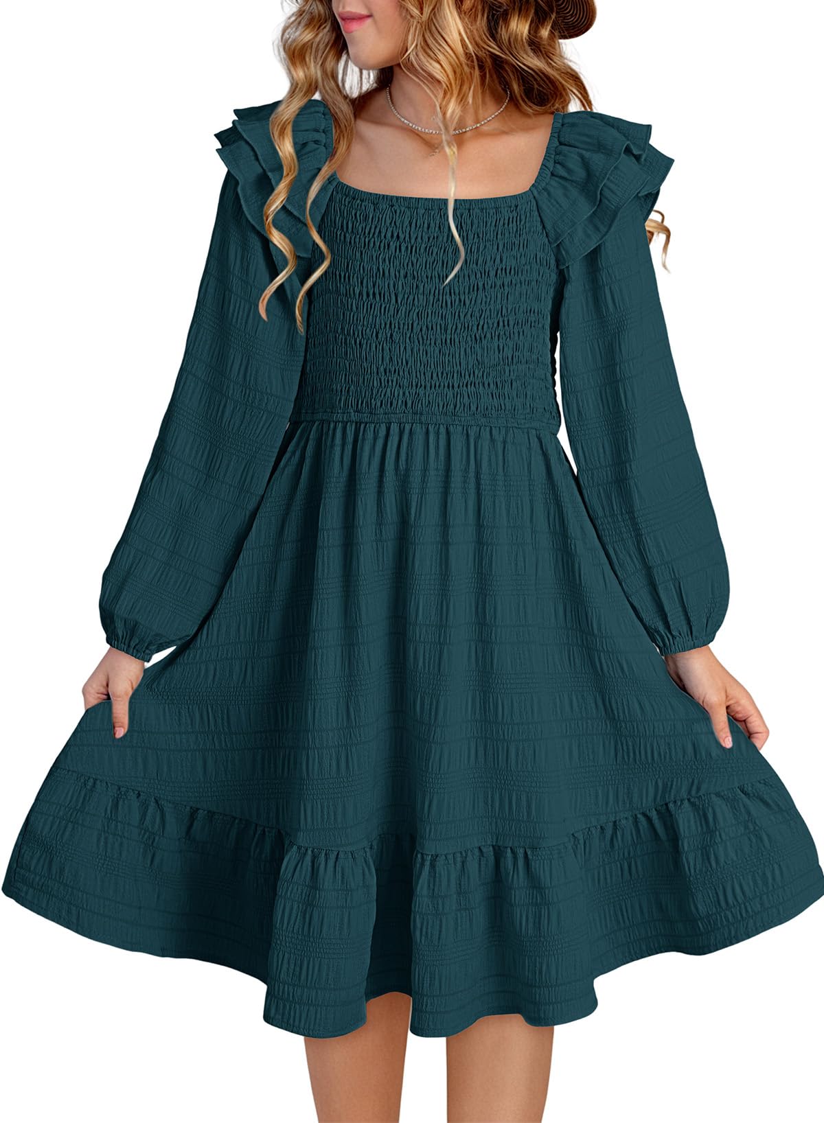 DOKOTOO KIDS Girls Dresses with Tiered Ruffle Long Sleeve and Side Pockets, Smocked Fall Spring Dress for 6-13 Years