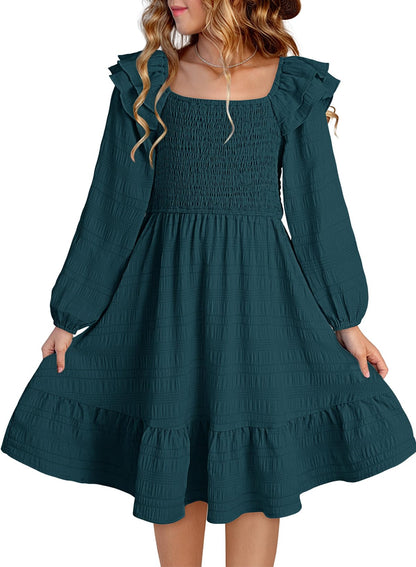 DOKOTOO KIDS Girls Dresses with Tiered Ruffle Long Sleeve and Side Pockets, Smocked Fall Spring Dress for 6-13 Years