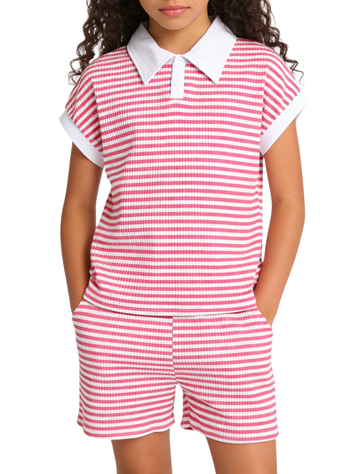 LOVYKIDIDO Size 7-14 Girls 2 Piece Outfits Summer Striped Lapel Short Set Cute Teen Girl Clothing Set